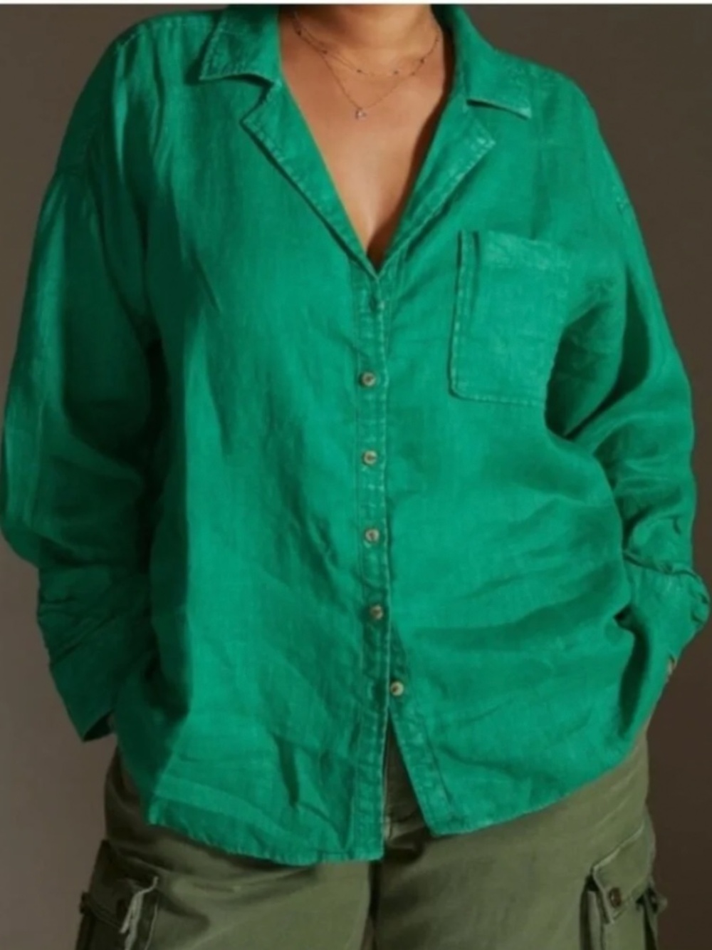 Anthropologie Maeve Kelly Green Linen Boyfriend Button Down Shirt Sz S